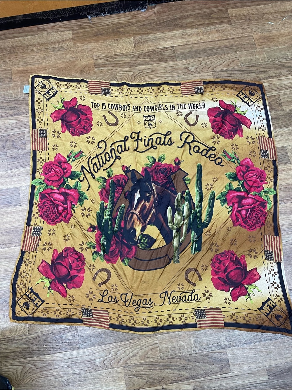 National Finals Rodeo Las Vegas Rodeo Print Scarf - Yellow with Pink Roses